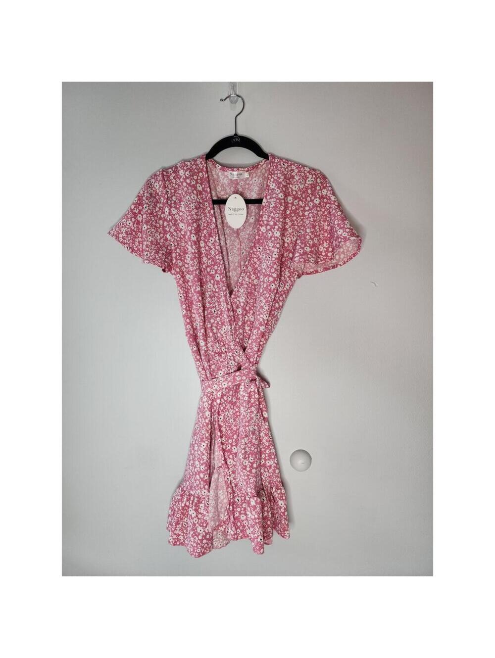 Chic Naggoo Pink Floral Wrap Dress - V-Neck Tie Waist - Size M